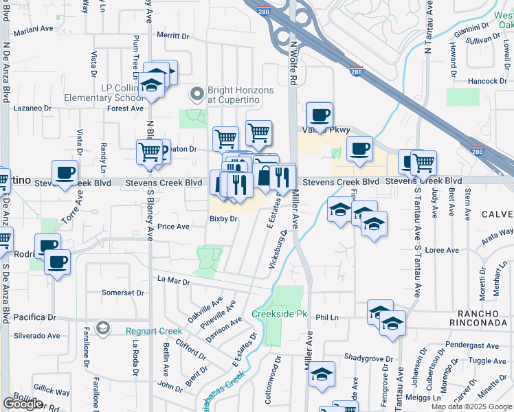 map of restaurants, bars, coffee shops, grocery stores, and more near 10101 Richwood Drive in Cupertino