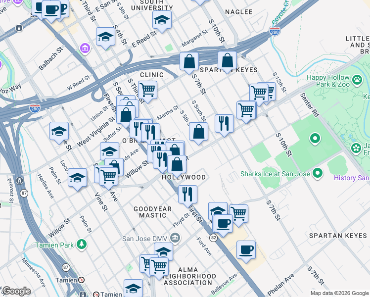 map of restaurants, bars, coffee shops, grocery stores, and more near 145 South 3rd Street in San Jose