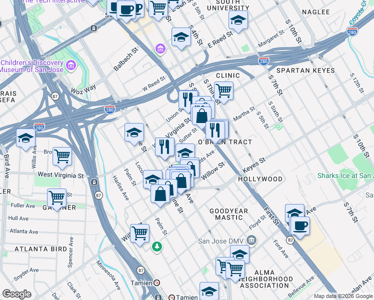 map of restaurants, bars, coffee shops, grocery stores, and more near 131 Oak Street in San Jose