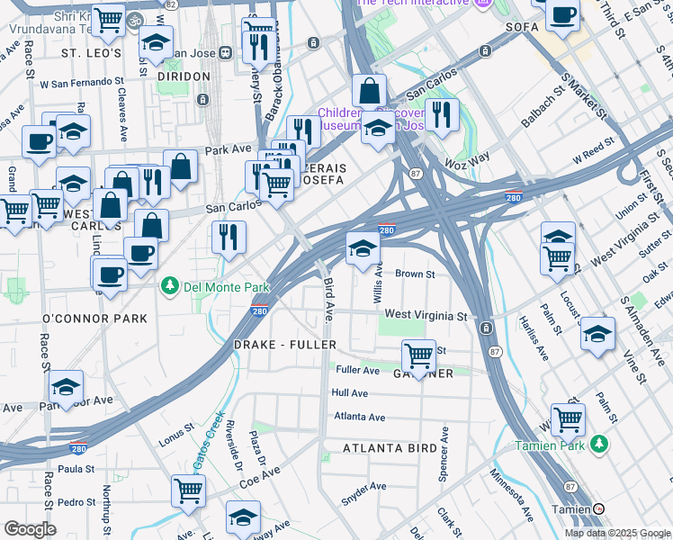 map of restaurants, bars, coffee shops, grocery stores, and more near 516 Bird Avenue in San Jose