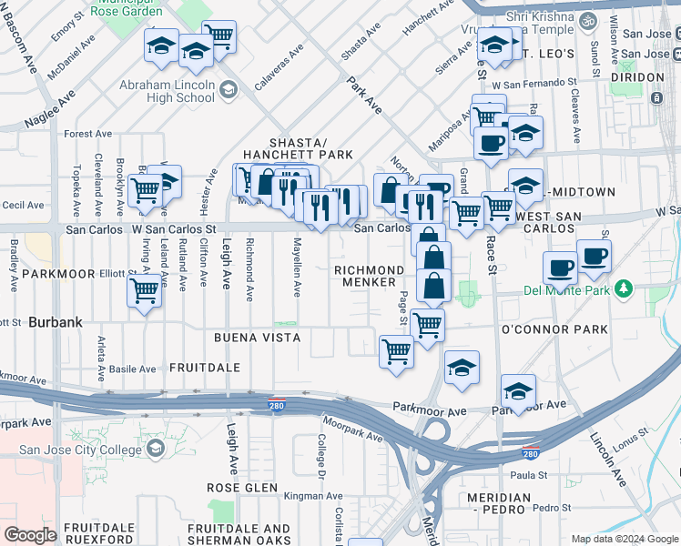 map of restaurants, bars, coffee shops, grocery stores, and more near 402 South Buena Vista Avenue in San Jose