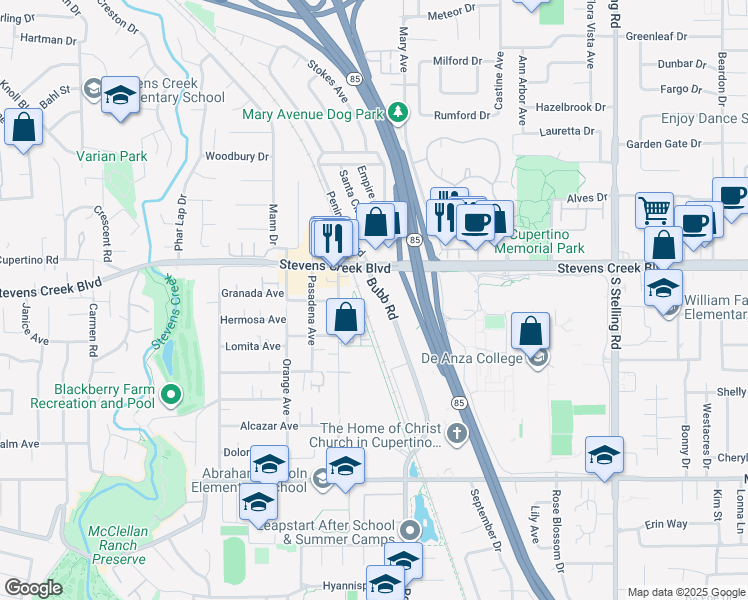 map of restaurants, bars, coffee shops, grocery stores, and more near 10061 Bubb Road in Cupertino