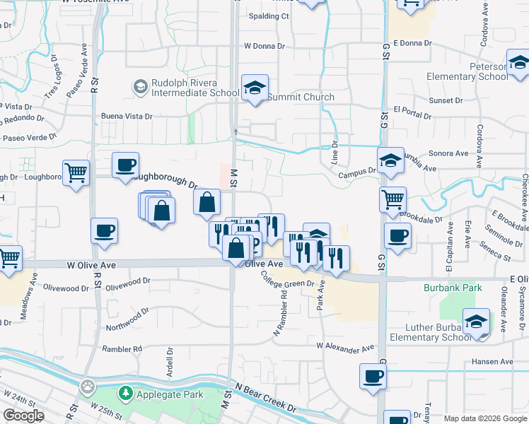 map of restaurants, bars, coffee shops, grocery stores, and more near 3175 Collins Drive in Merced
