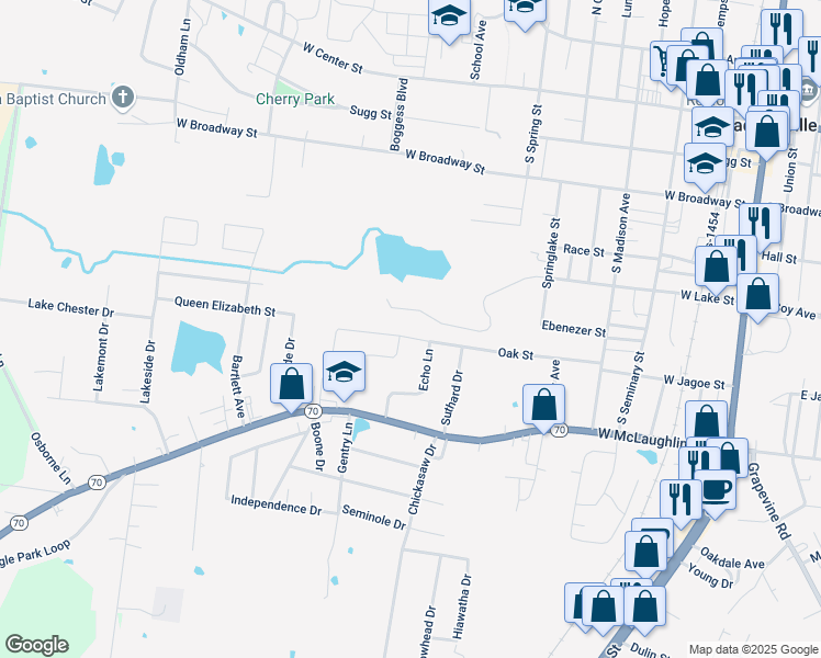 map of restaurants, bars, coffee shops, grocery stores, and more near 663 Oak Street in Madisonville