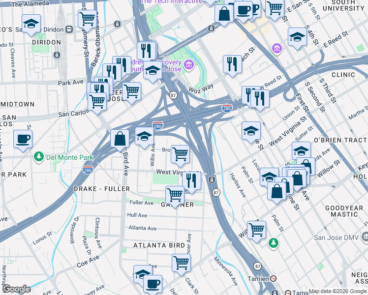 map of restaurants, bars, coffee shops, grocery stores, and more near 694 Delmas Avenue in San Jose