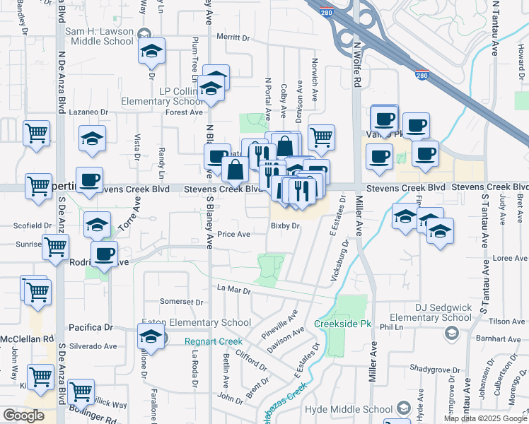 map of restaurants, bars, coffee shops, grocery stores, and more near 19922 Portal Plaza in Cupertino