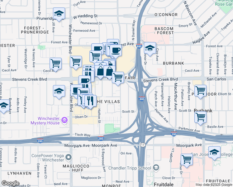 map of restaurants, bars, coffee shops, grocery stores, and more near in San Jose