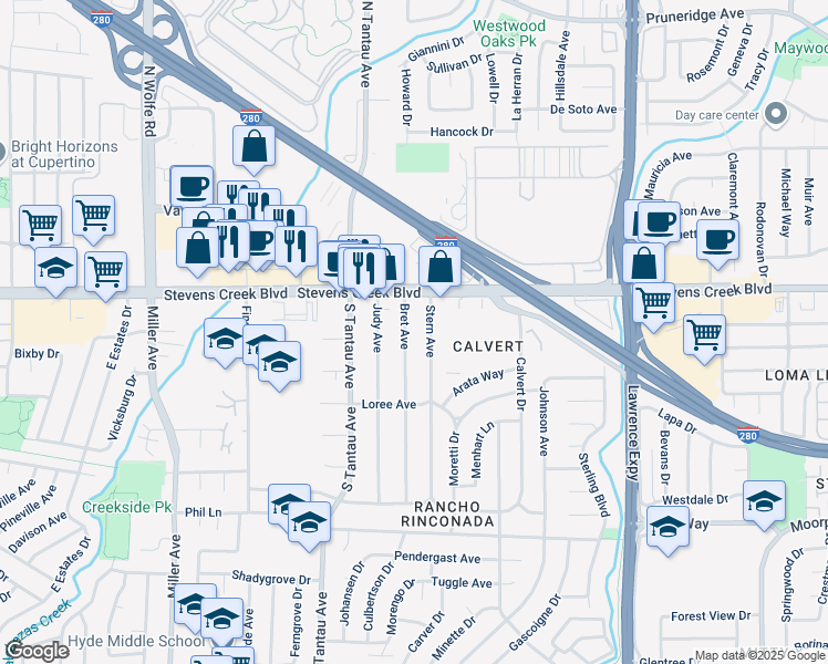 map of restaurants, bars, coffee shops, grocery stores, and more near 10094 Bret Avenue in Cupertino
