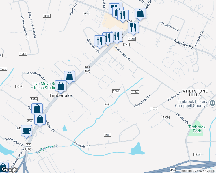 map of restaurants, bars, coffee shops, grocery stores, and more near 179 Emberly Way in Lynchburg