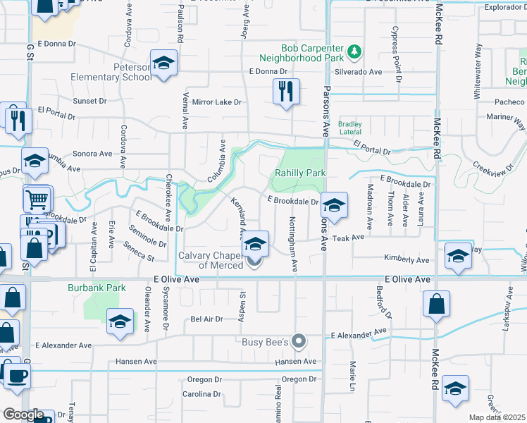 map of restaurants, bars, coffee shops, grocery stores, and more near 3246 Shamrock Avenue in Merced