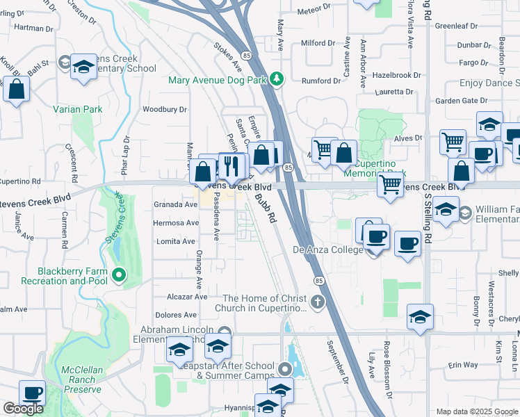 map of restaurants, bars, coffee shops, grocery stores, and more near 10061 Bubb Road in Cupertino