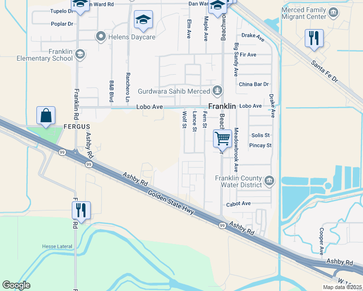 map of restaurants, bars, coffee shops, grocery stores, and more near 2315 Wolf Street in Merced