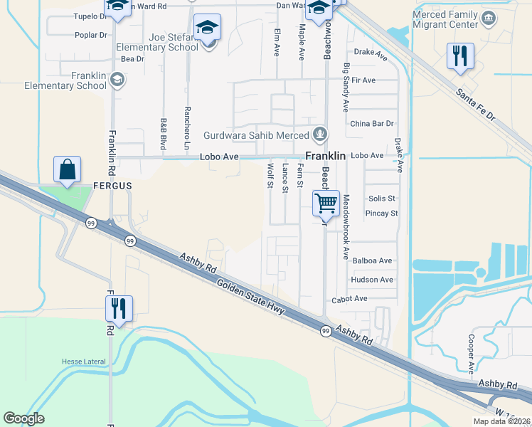 map of restaurants, bars, coffee shops, grocery stores, and more near 2442 Apache Street in Merced
