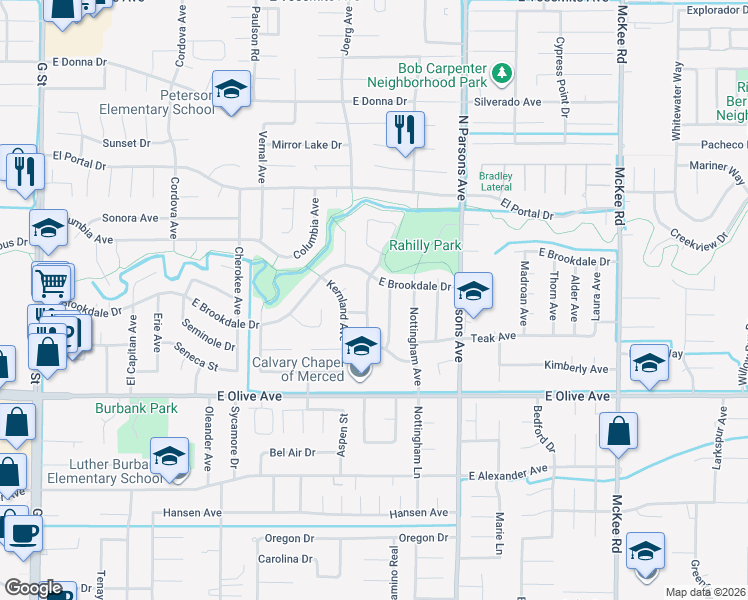 map of restaurants, bars, coffee shops, grocery stores, and more near 3246 Shamrock Avenue in Merced