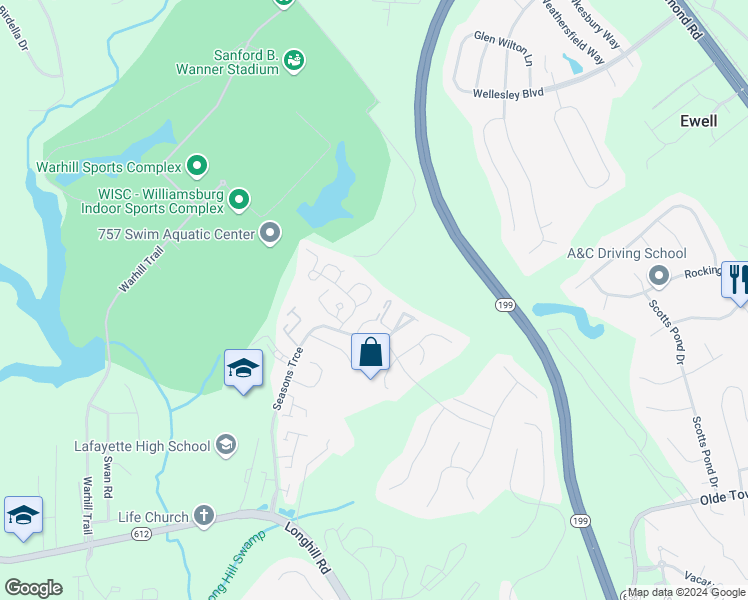 map of restaurants, bars, coffee shops, grocery stores, and more near 812 Tahoe Trail in Williamsburg