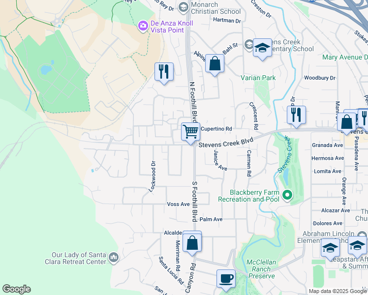 map of restaurants, bars, coffee shops, grocery stores, and more near 22540 Stevens Creek Boulevard in Cupertino