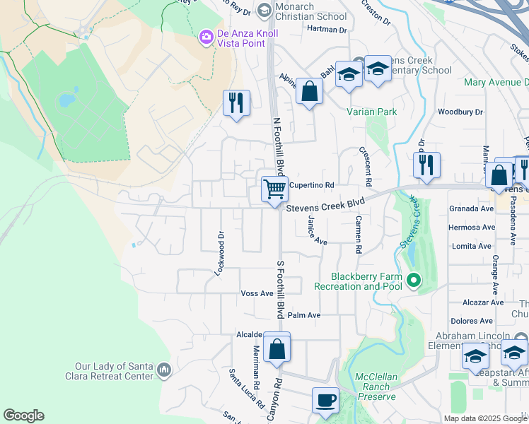 map of restaurants, bars, coffee shops, grocery stores, and more near 22540 Stevens Creek Boulevard in Cupertino