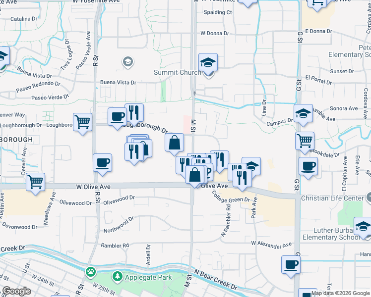 map of restaurants, bars, coffee shops, grocery stores, and more near in Merced