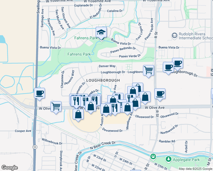 map of restaurants, bars, coffee shops, grocery stores, and more near 3203 Nashville Court in Merced