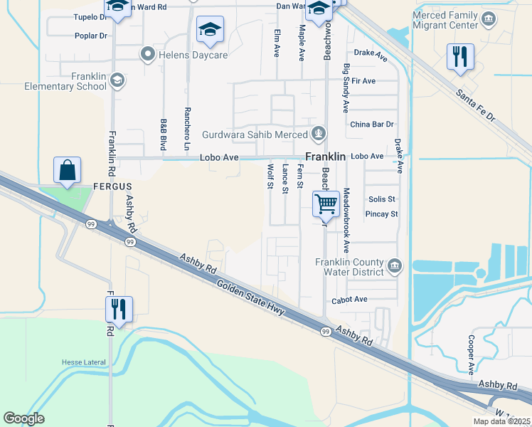 map of restaurants, bars, coffee shops, grocery stores, and more near 2315 Wolf Street in Merced