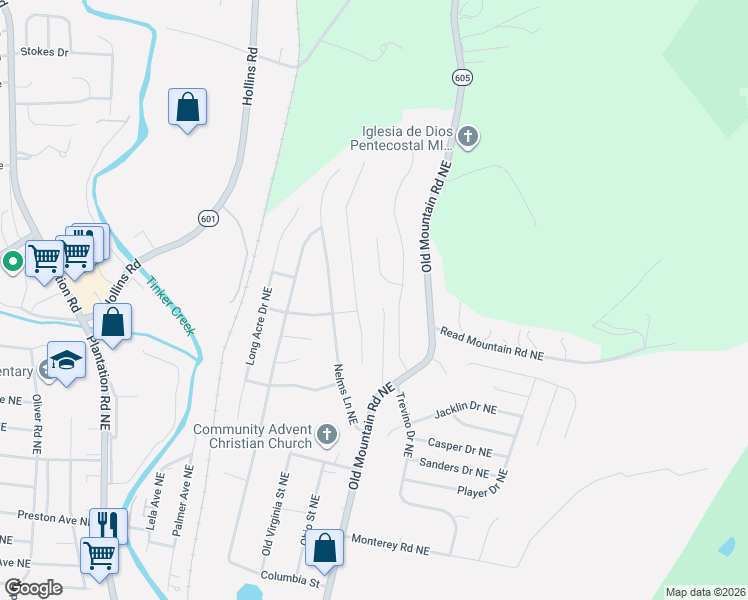 map of restaurants, bars, coffee shops, grocery stores, and more near 4652 Trevino Circle Northeast in Roanoke