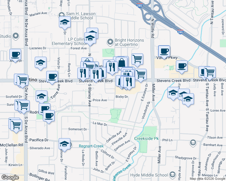 map of restaurants, bars, coffee shops, grocery stores, and more near 19968 Portal Plaza in Cupertino