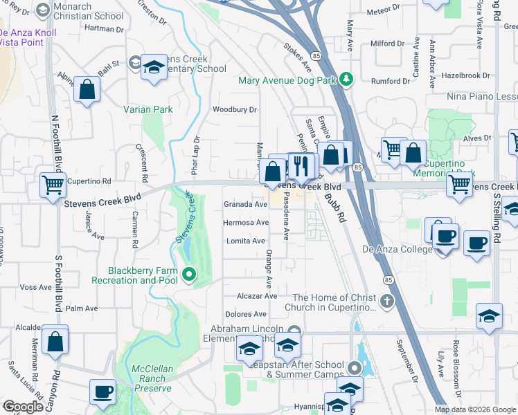 map of restaurants, bars, coffee shops, grocery stores, and more near 21821 Granada Avenue in Cupertino