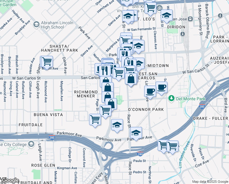 map of restaurants, bars, coffee shops, grocery stores, and more near 360 Meridian Avenue in San Jose