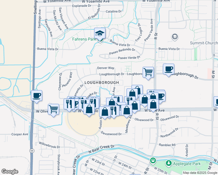 map of restaurants, bars, coffee shops, grocery stores, and more near 3200 Nashville Court in Merced