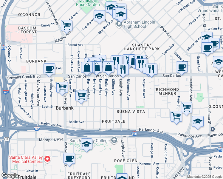 map of restaurants, bars, coffee shops, grocery stores, and more near 406 Clifton Avenue in San Jose