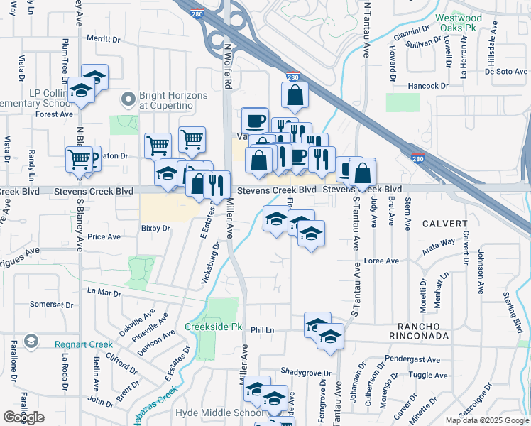 map of restaurants, bars, coffee shops, grocery stores, and more near 10100 Craft Drive in Cupertino