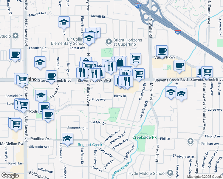map of restaurants, bars, coffee shops, grocery stores, and more near 19968 Portal Plaza in Cupertino