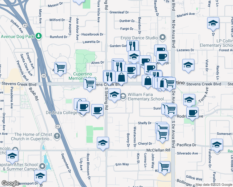 map of restaurants, bars, coffee shops, grocery stores, and more near 10092 Bianchi Way in Cupertino