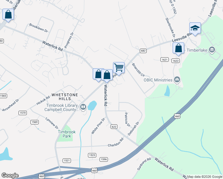 map of restaurants, bars, coffee shops, grocery stores, and more near 2213 Waterlick Road in Lynchburg