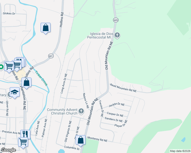 map of restaurants, bars, coffee shops, grocery stores, and more near 4652 Trevino Circle Northeast in Roanoke