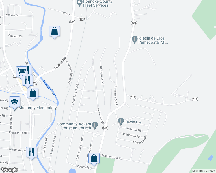 map of restaurants, bars, coffee shops, grocery stores, and more near 4652 Trevino Circle Northeast in Roanoke