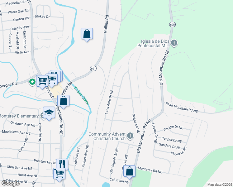 map of restaurants, bars, coffee shops, grocery stores, and more near 500-516 Applewood Street Northeast in Roanoke