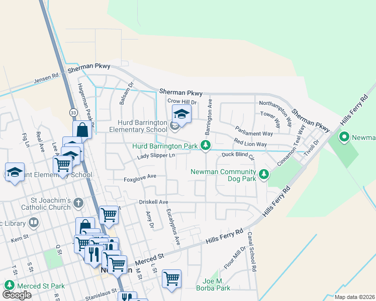 map of restaurants, bars, coffee shops, grocery stores, and more near 507 Lady Slipper Lane in Newman