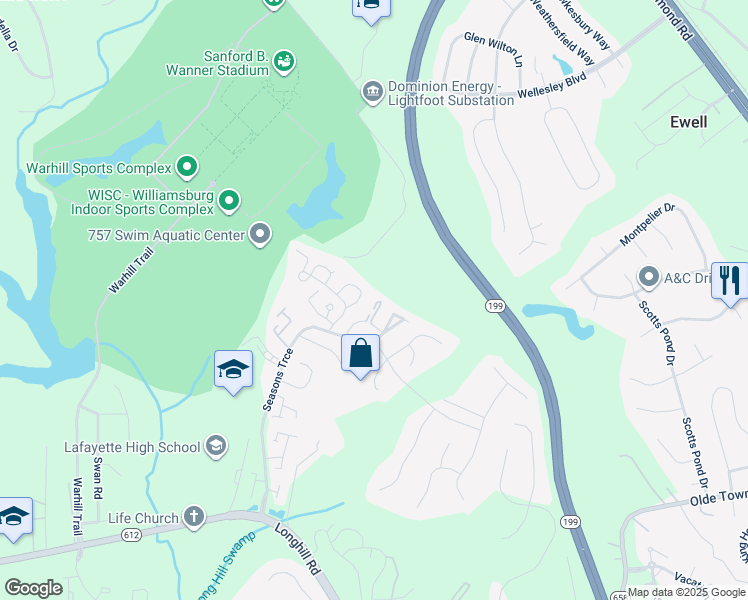 map of restaurants, bars, coffee shops, grocery stores, and more near 913 Pheasant Run in Williamsburg