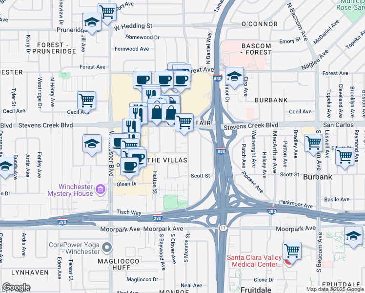 map of restaurants, bars, coffee shops, grocery stores, and more near 386 South Clover Avenue in San Jose