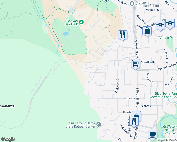 map of restaurants, bars, coffee shops, grocery stores, and more near 22941 Longdown Road in Cupertino