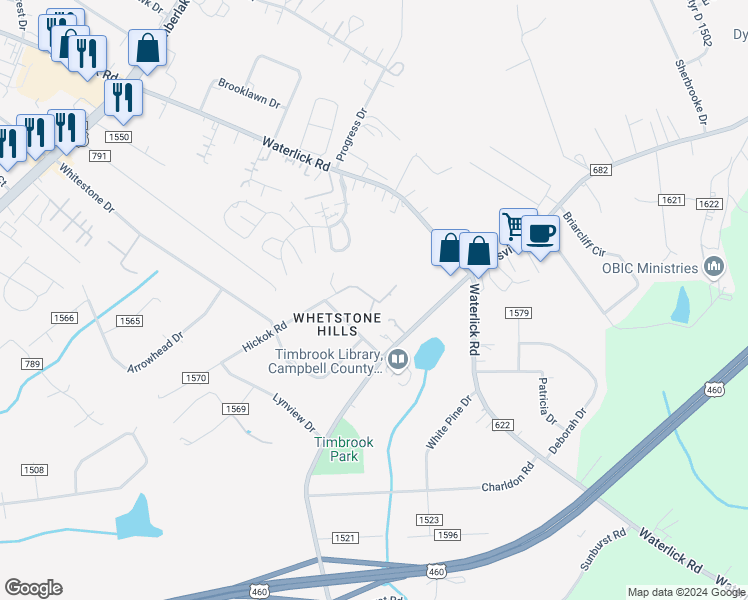 map of restaurants, bars, coffee shops, grocery stores, and more near 85 Pines Village Drive in Lynchburg