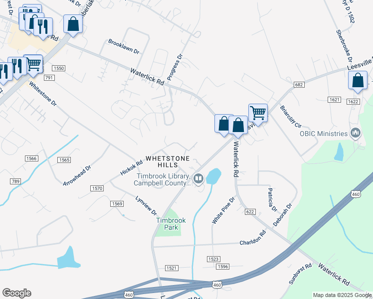 map of restaurants, bars, coffee shops, grocery stores, and more near 84 Pines Village Drive in Lynchburg