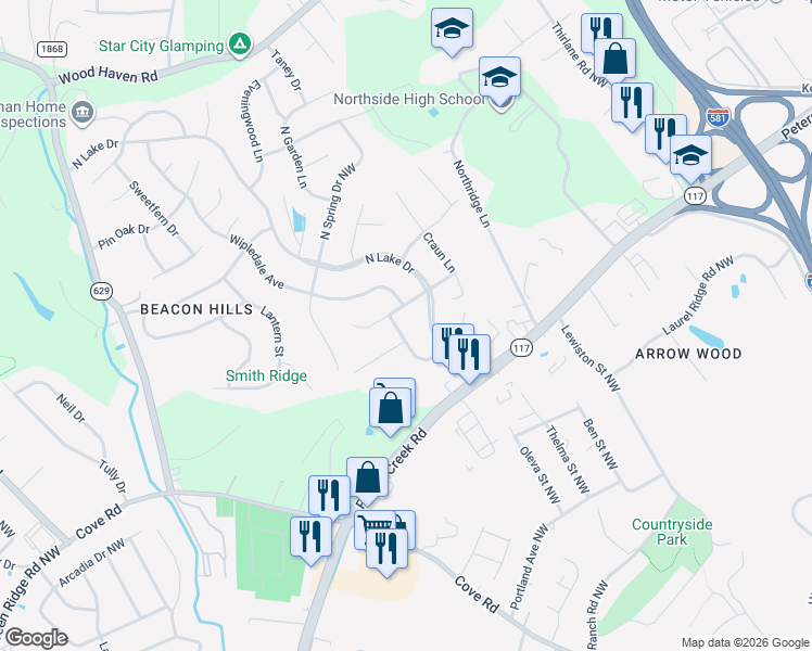 map of restaurants, bars, coffee shops, grocery stores, and more near 5007 Polly Hill Lane in Roanoke