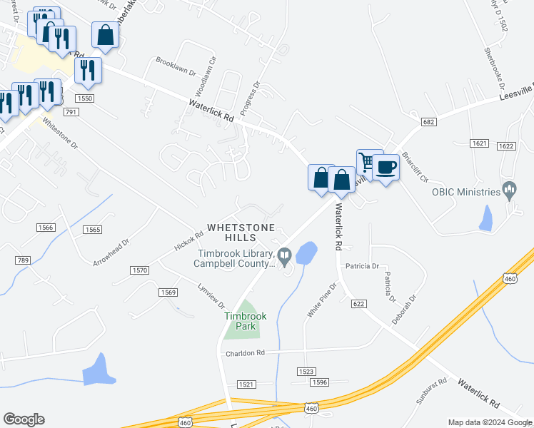 map of restaurants, bars, coffee shops, grocery stores, and more near Pines Village Drive in Lynchburg