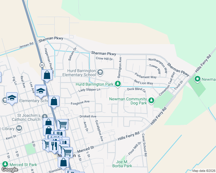 map of restaurants, bars, coffee shops, grocery stores, and more near 507 Lady Slipper Lane in Newman