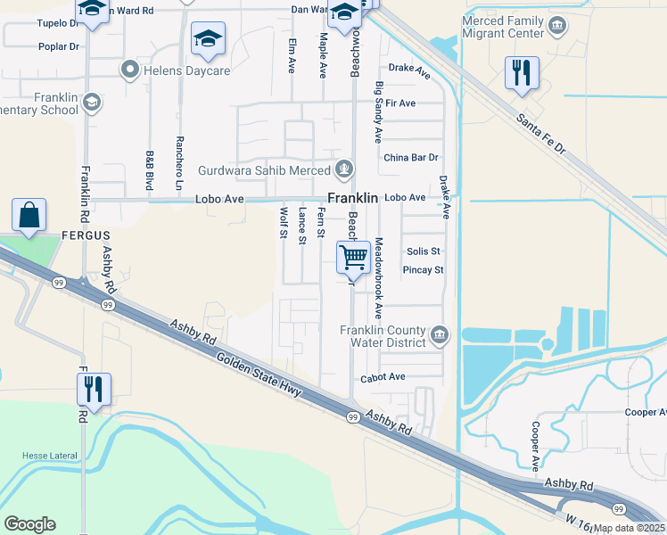 map of restaurants, bars, coffee shops, grocery stores, and more near 2341 Mesquite Court in Merced