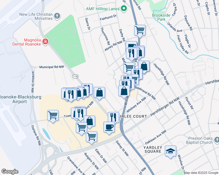 map of restaurants, bars, coffee shops, grocery stores, and more near 5309 Woodbury Street Northwest in Roanoke