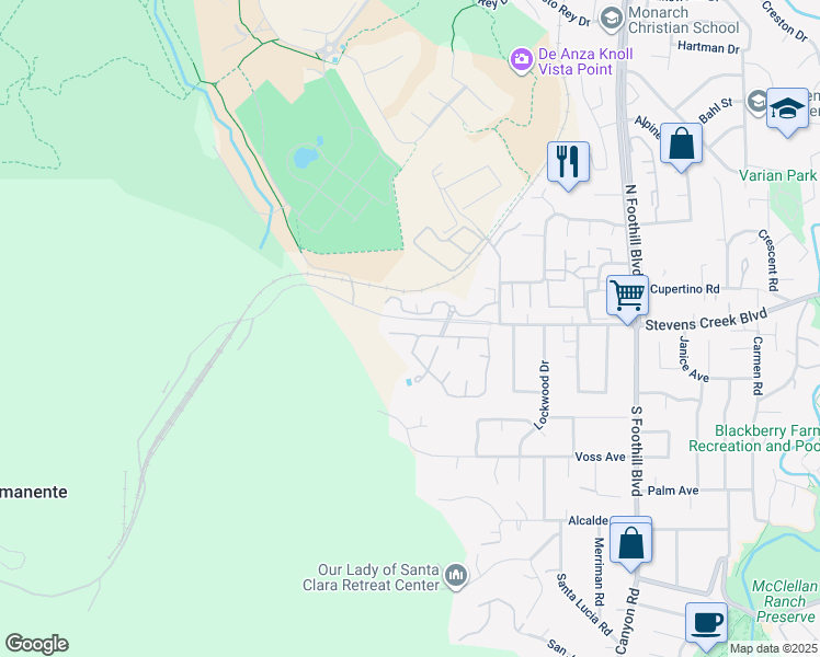 map of restaurants, bars, coffee shops, grocery stores, and more near 22941 Longdown Road in Cupertino
