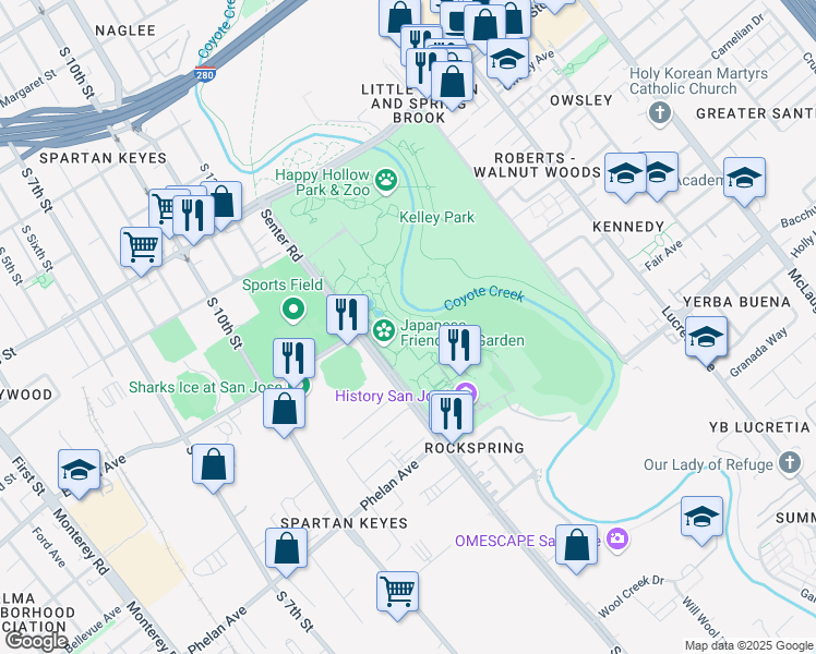 map of restaurants, bars, coffee shops, grocery stores, and more near 1300 Senter Road in San Jose
